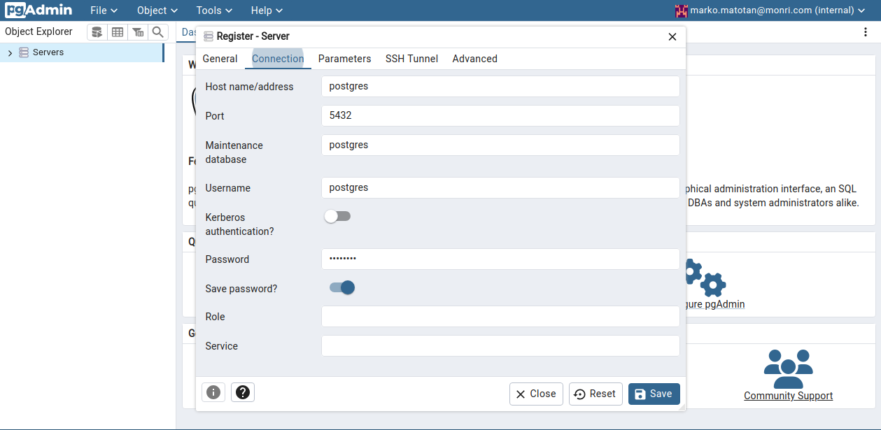 pgAdmin login screen